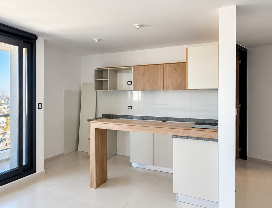 Cocina minimalista con balcón luminoso