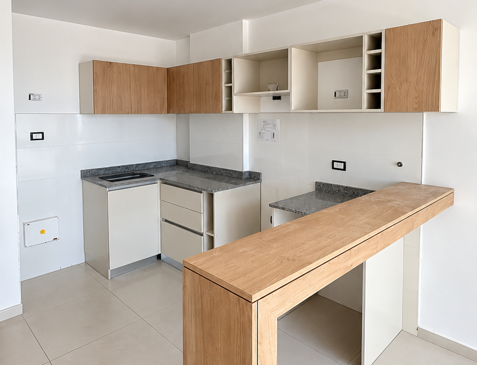 Cocina minimalista con barra de madera